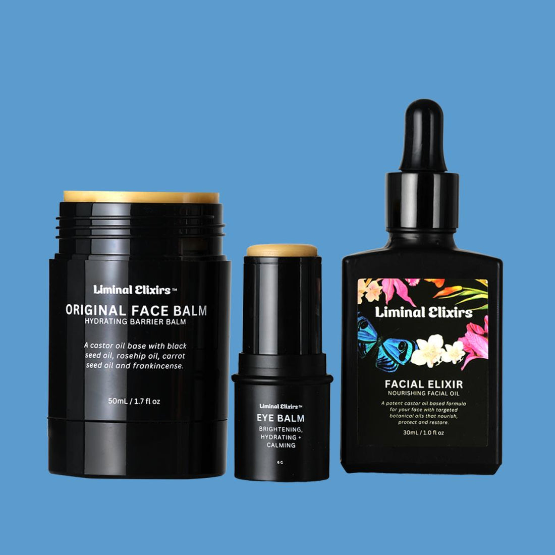 Three Liminal Elixirs skincare products on a blue background
