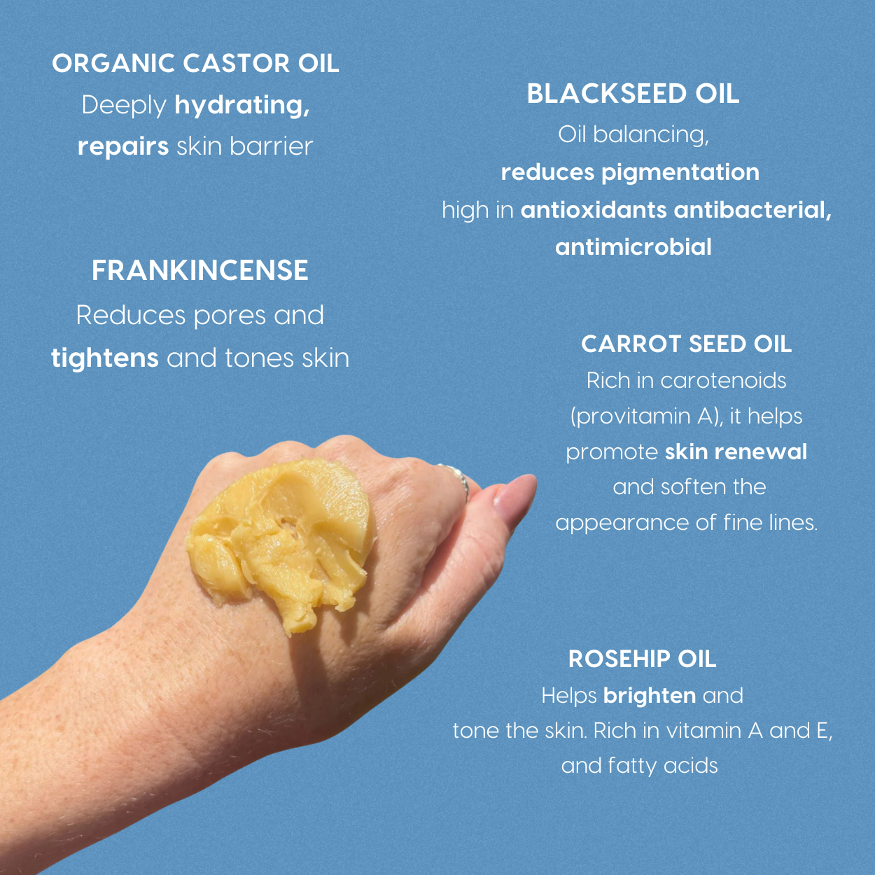 Hand with a Liminal Balm with text about ingredients including organic castor oil, blackseed oil, frankincense, carrot seed oil, and rosehip oil on a blue background.