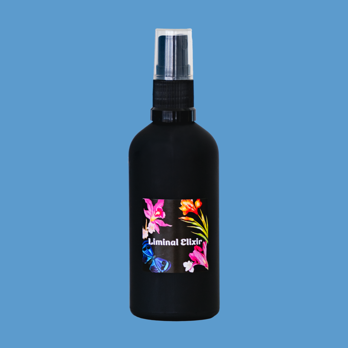 Black spray bottle labeled &