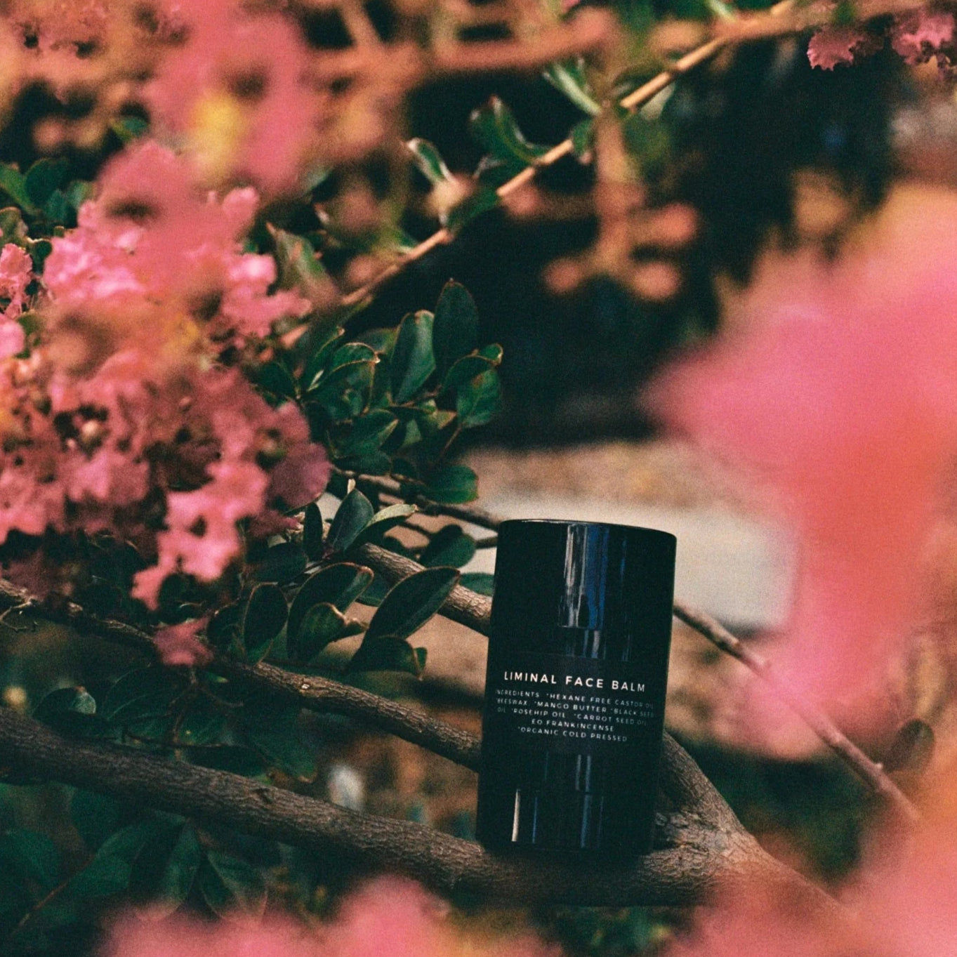 Black cylindrical product on a branch with pink flowers in the background