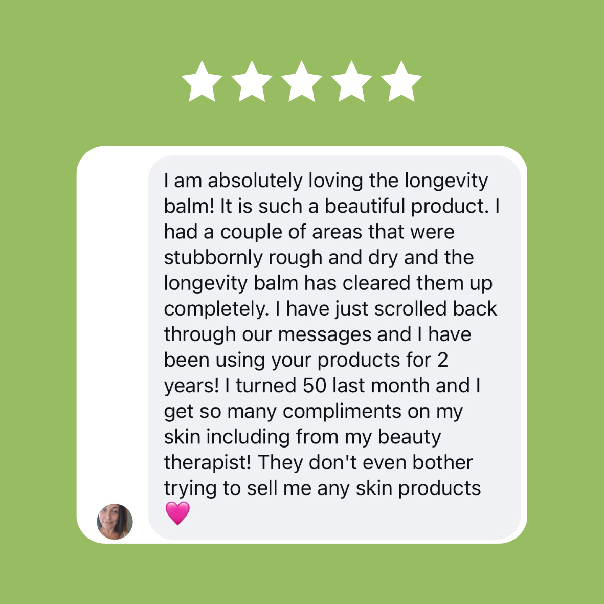 Five-star review of a longevity balm on a green background
