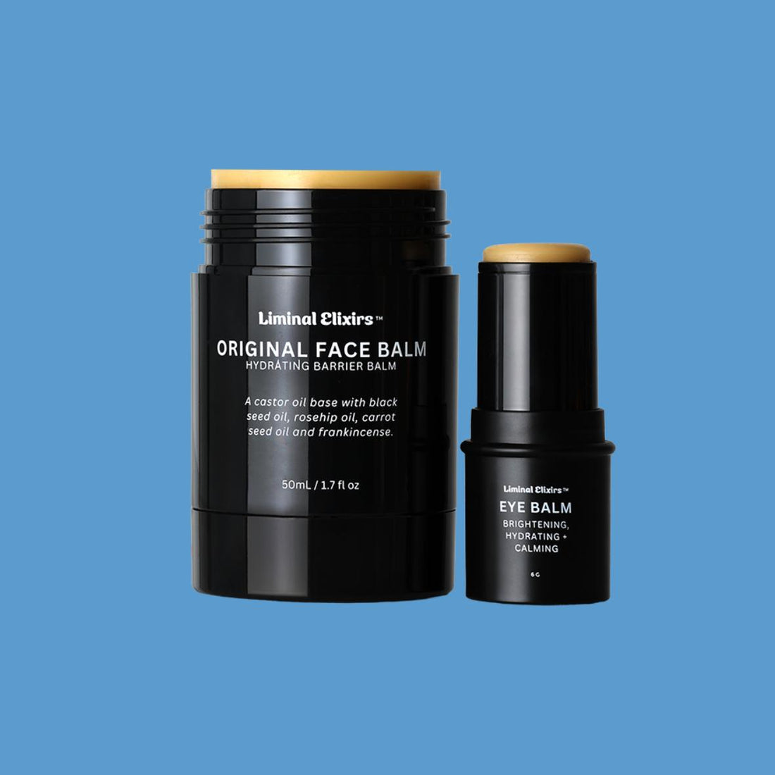 Original Face balm and eye balm in Balm Bundle on a blue background.
