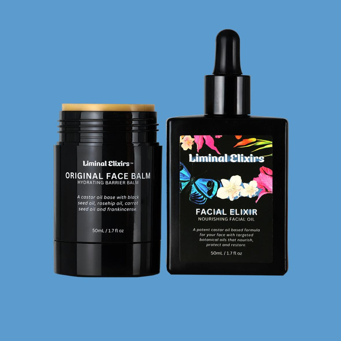 Two skincare products from Liminal Elixirs for Big Bundle on a blue background