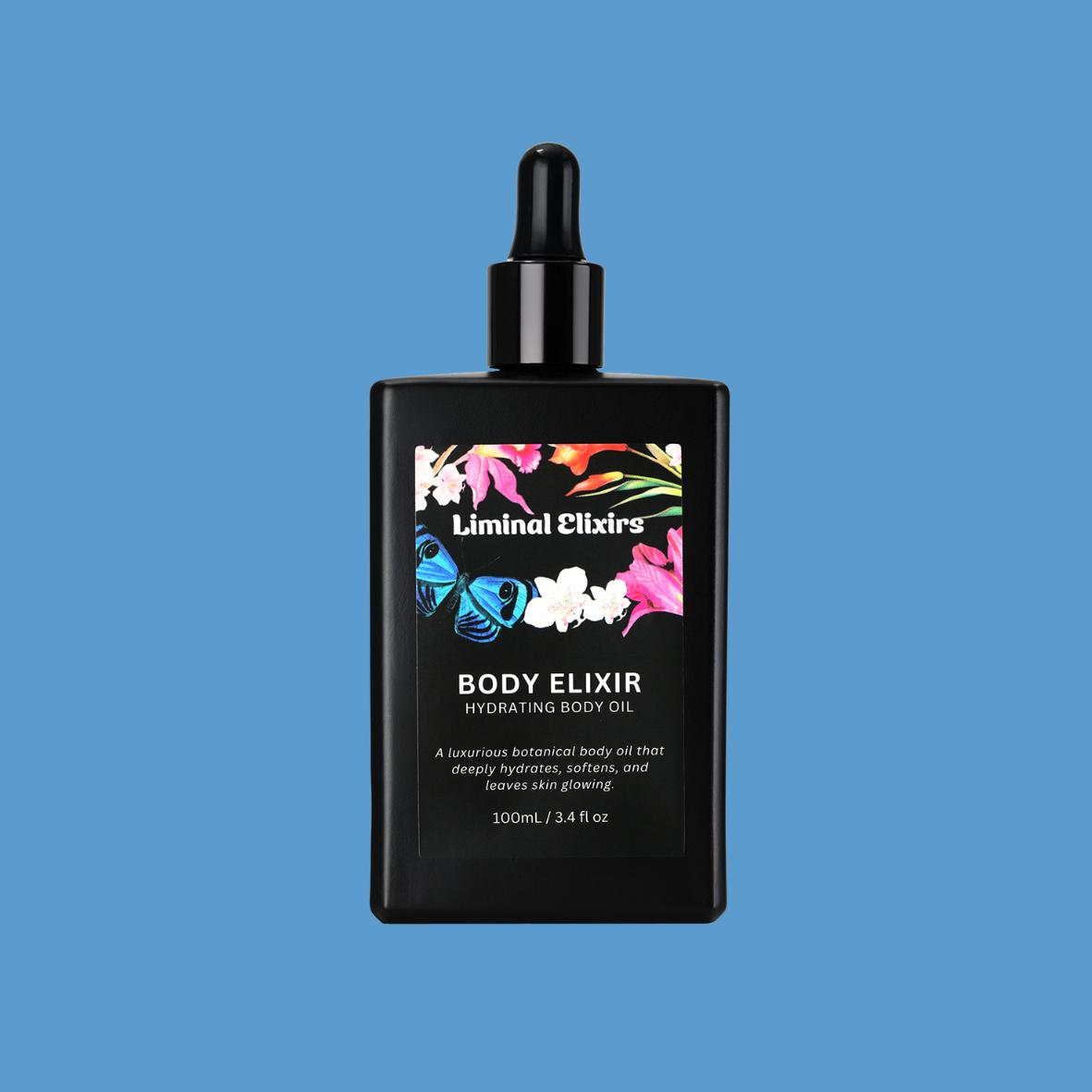 Black bottle of Liminal Elixirs Body Elixir on a blue background