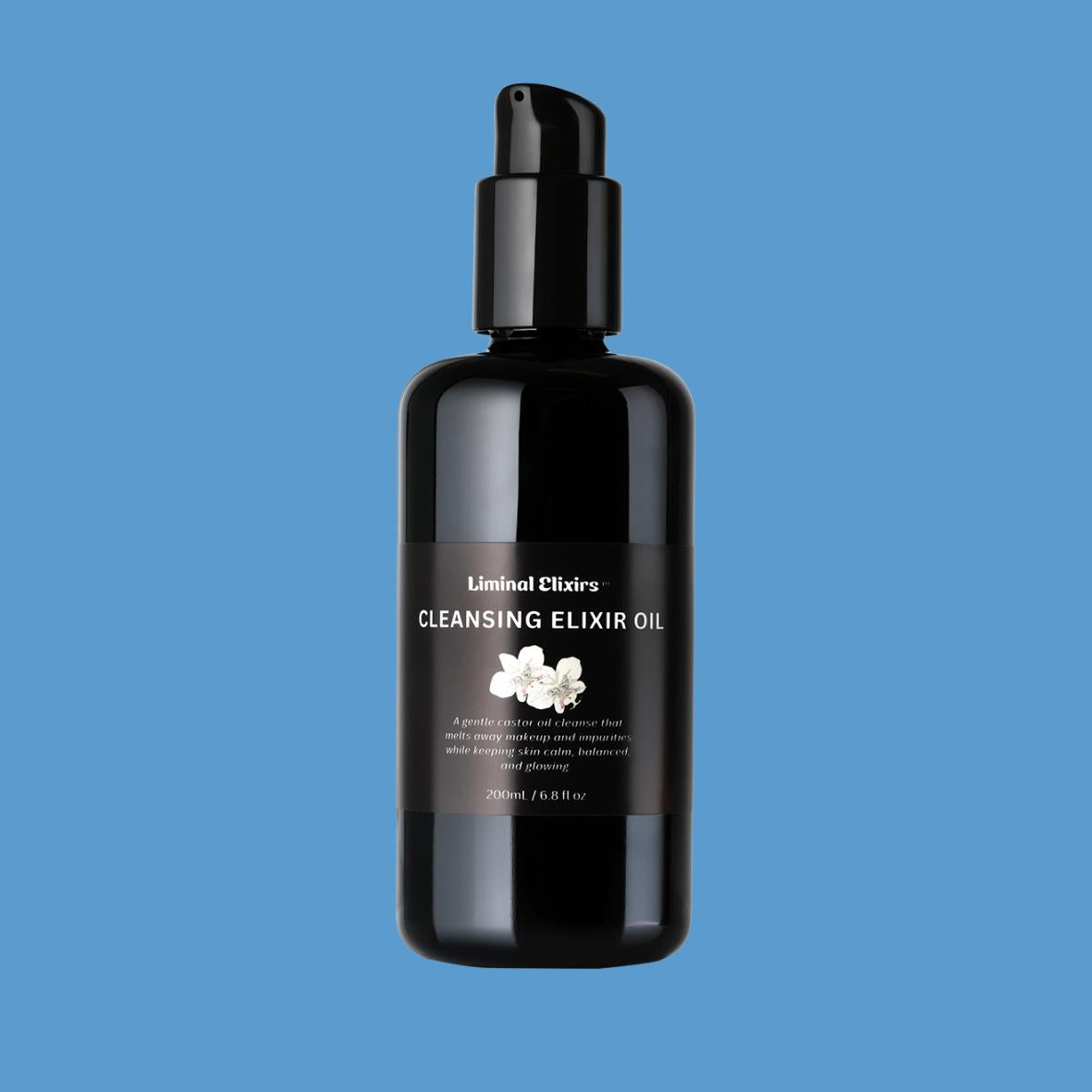 Black bottle of Liminal Elixirs Cleansing Elixir Oil on a blue background