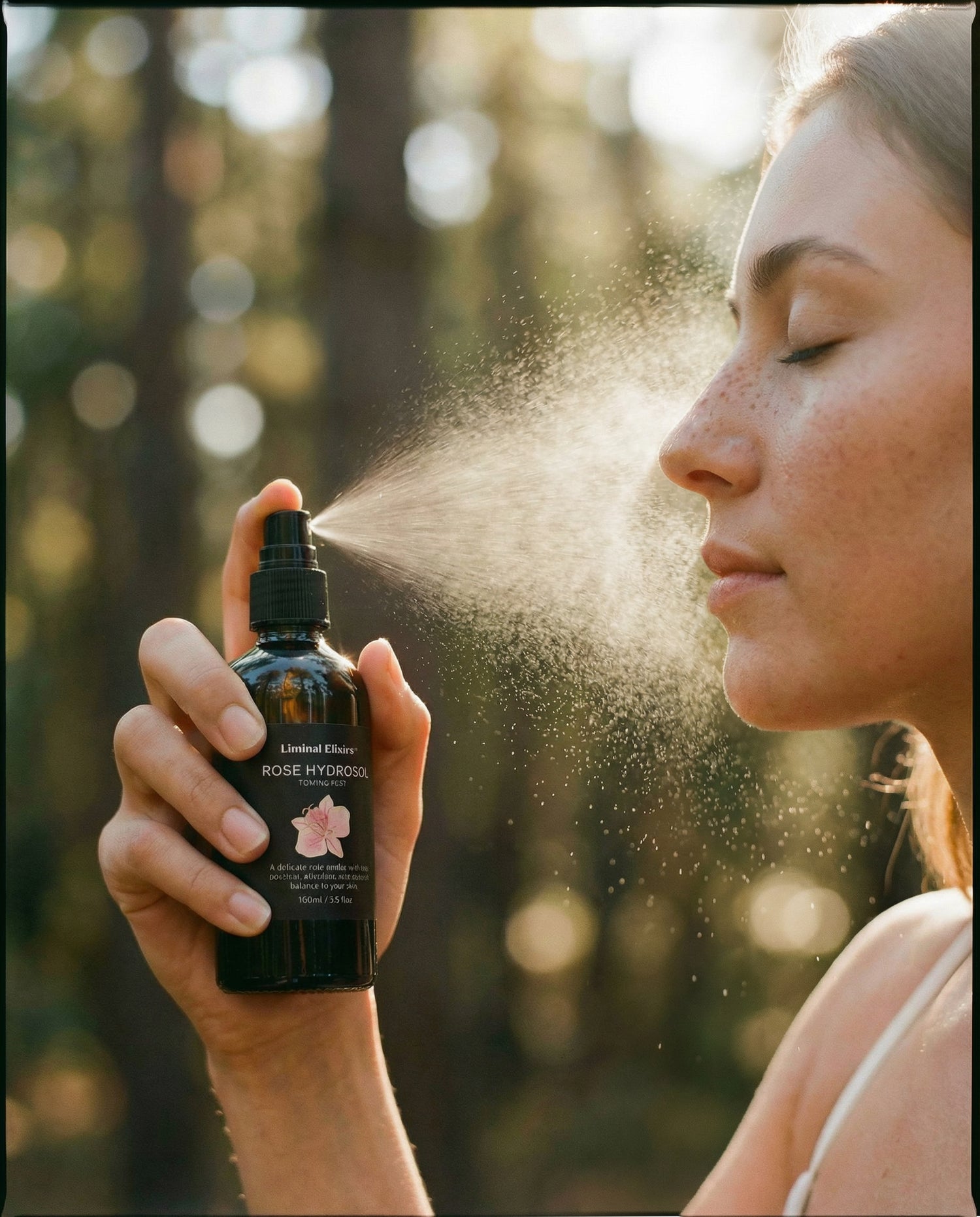Woman using Rose Hydrosol Mist with a natural background