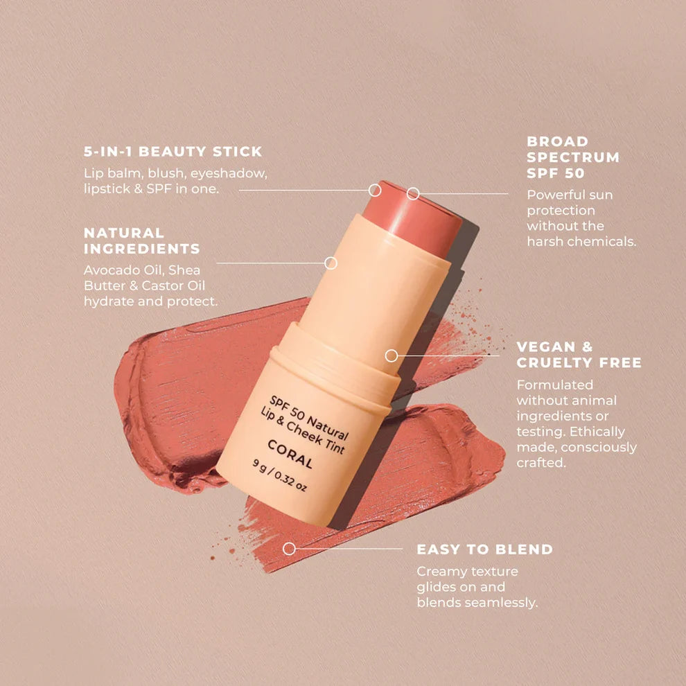 SPF 50 Natural Lip &amp; Cheek Tint - Coral