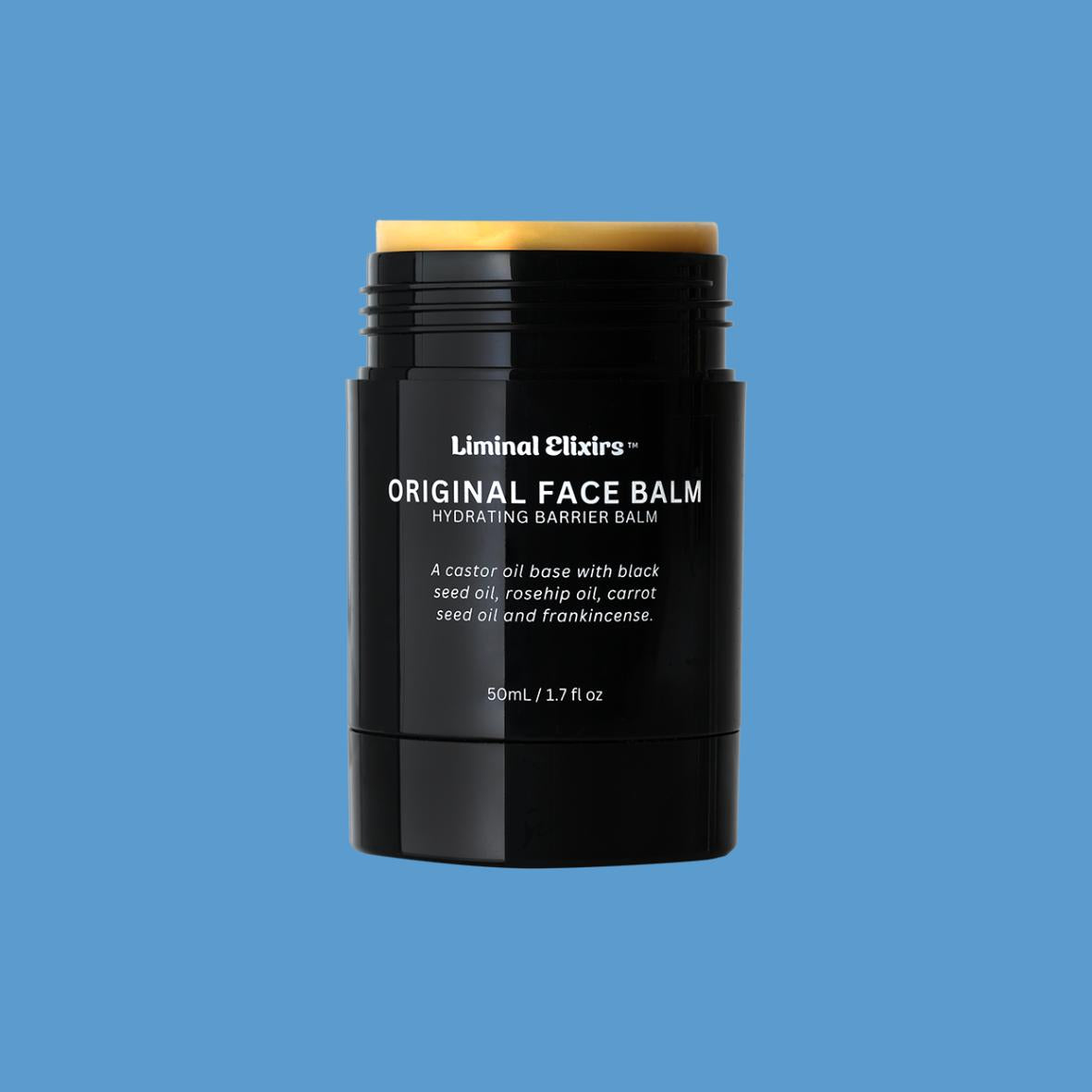 Black Liminal Elixirs Face Balm on blue background