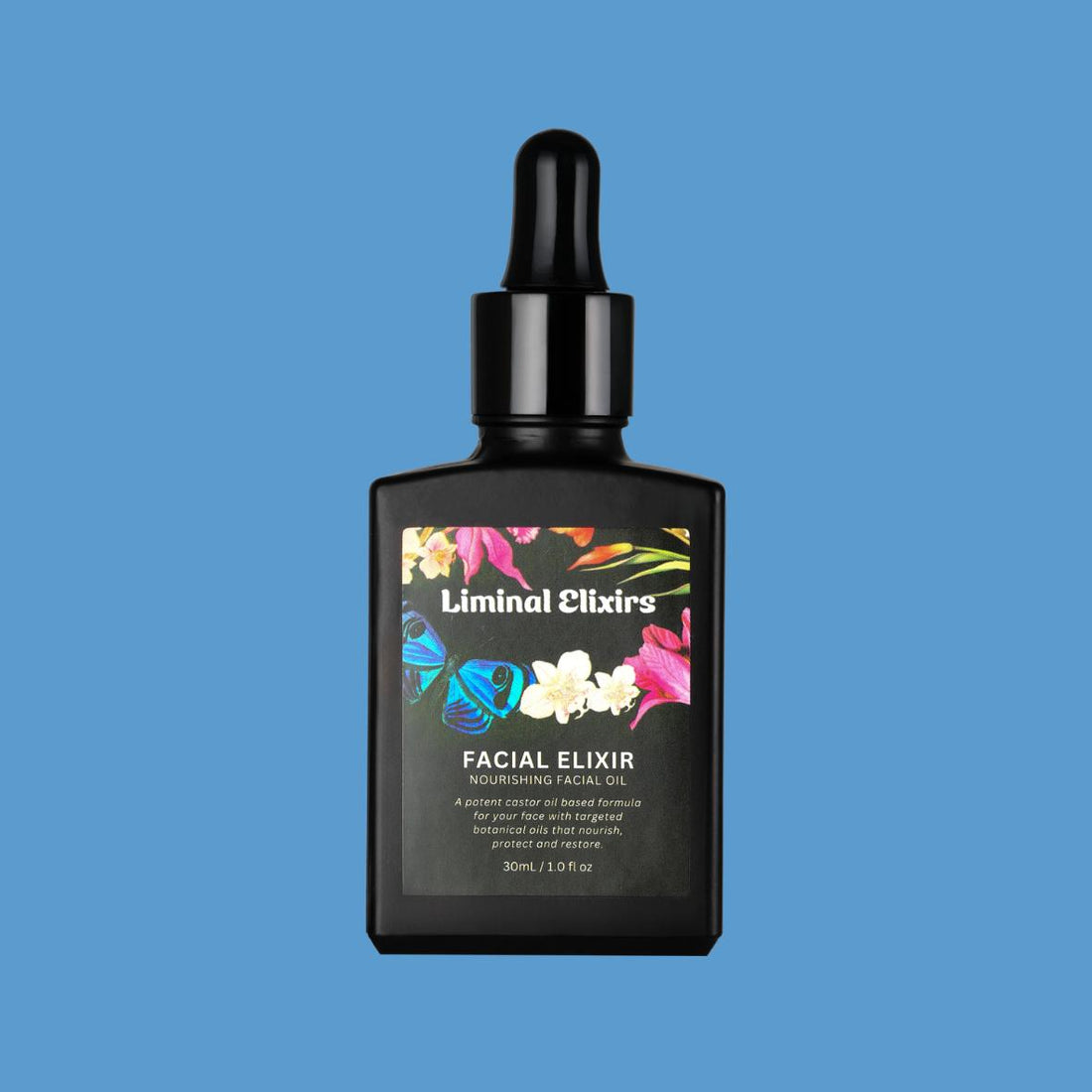 Black facial elixir bottle with Liminal label on a blue background