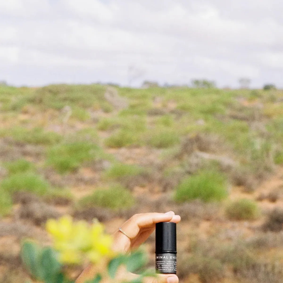 Hand holding Eye Balm with bushes in background