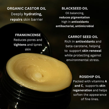 Liminal Man Balm with text describing various ingredients and their benefits on a black and green natural background